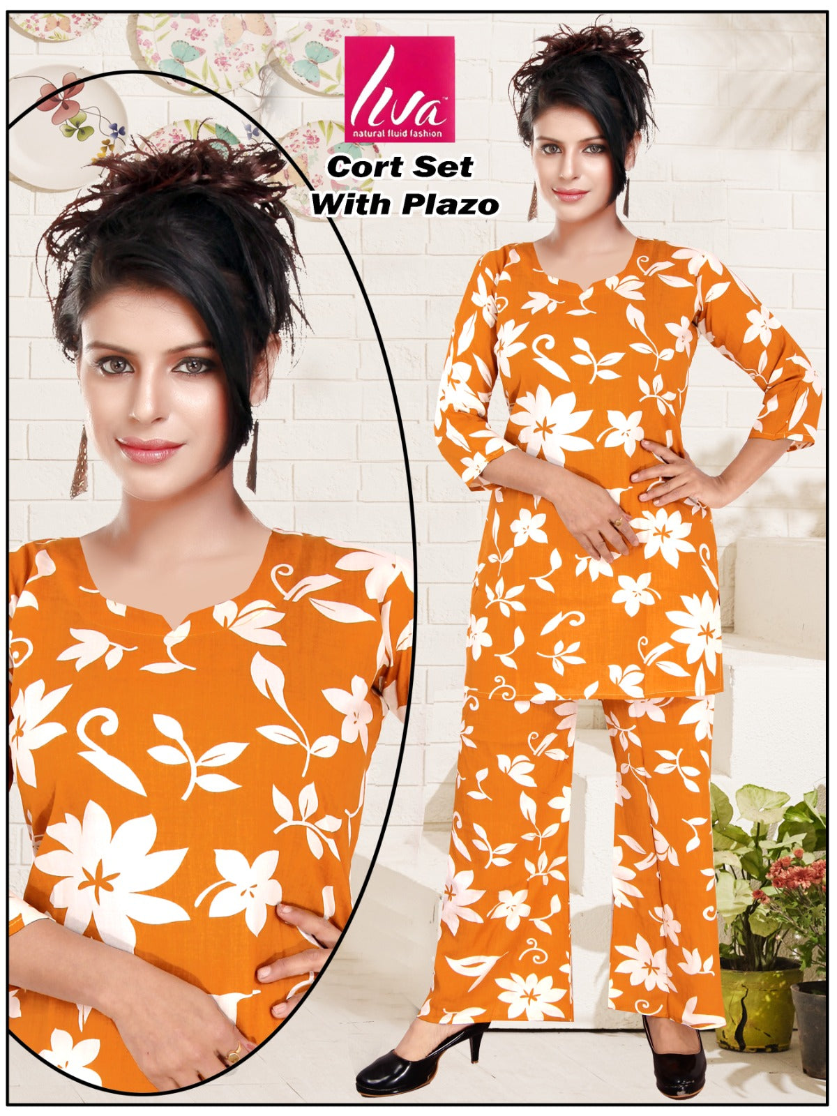 Reyon Print Co-ord Set with Hand Mirror Work