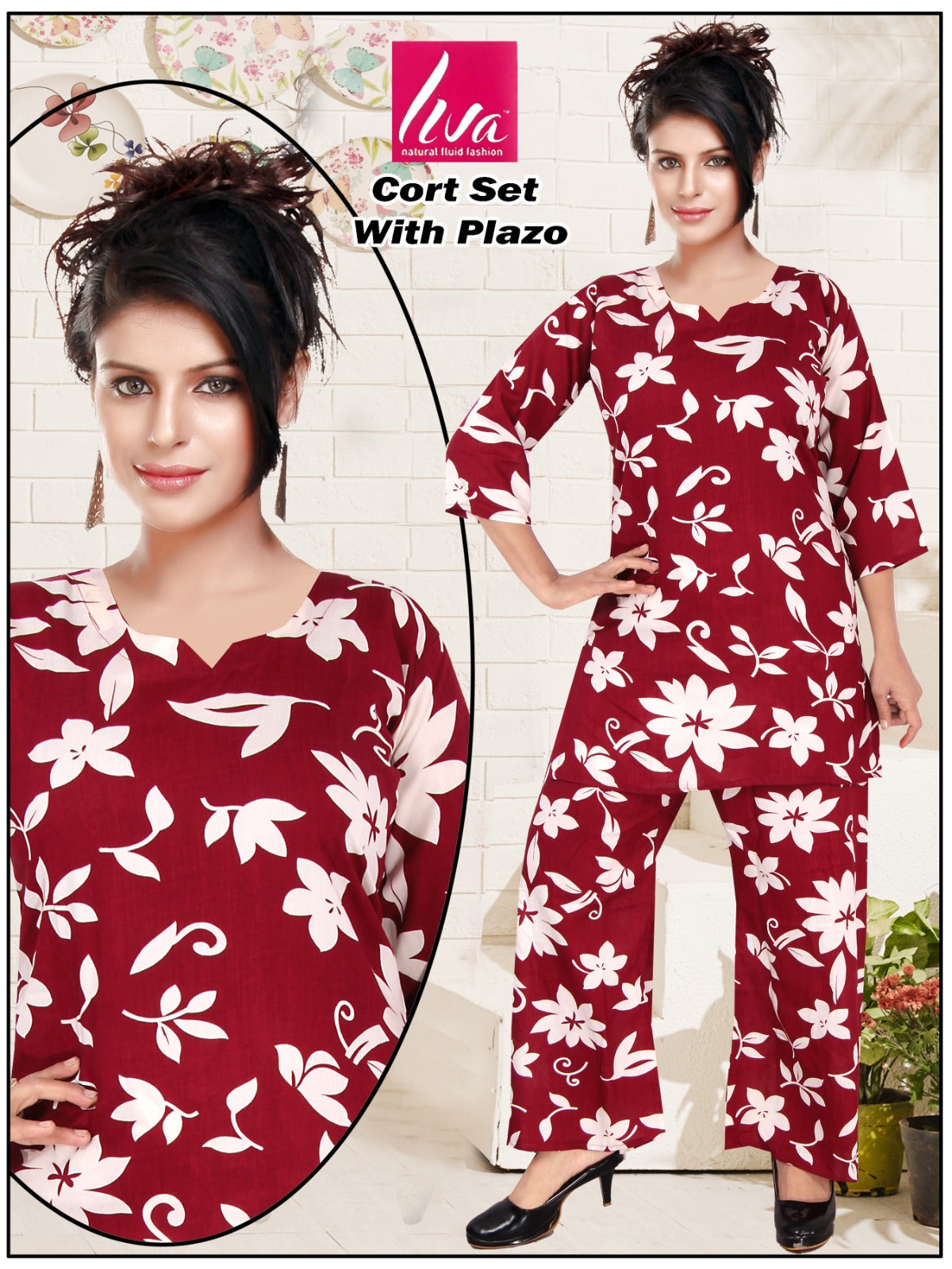 Reyon Print Co-ord Set with Hand Mirror Work