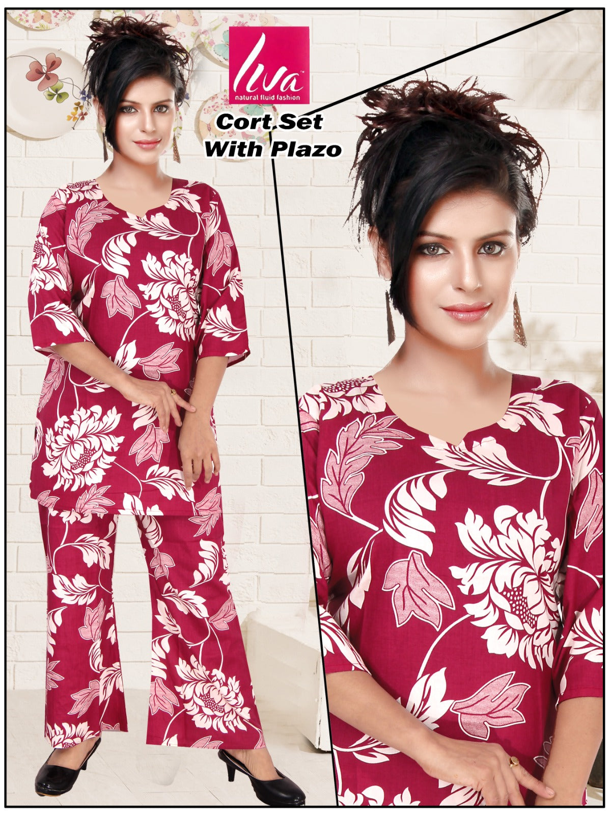 Reyon Print Co-ord Set with Hand Mirror Work