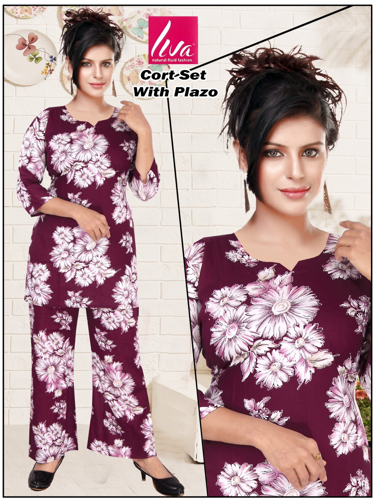 Reyon Print Co-ord Set with Hand Mirror Work