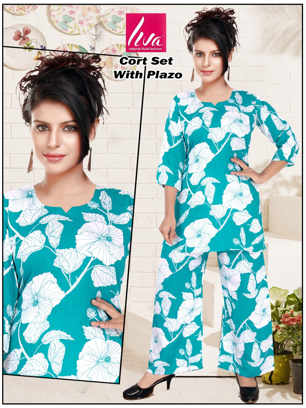 Reyon Print Co-ord Set with Hand Mirror Work