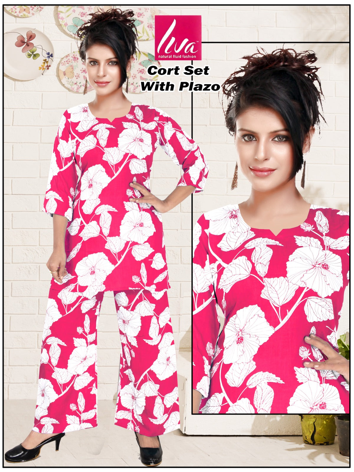 Reyon Print Co-ord Set with Hand Mirror Work