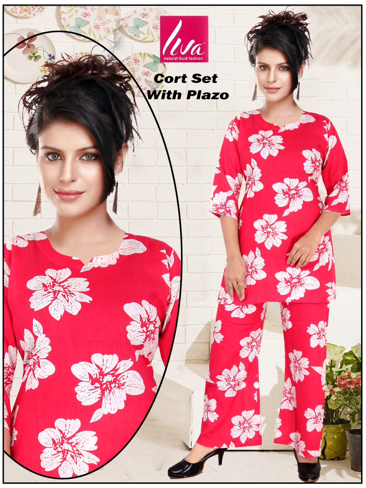 Reyon Print Co-ord Set with Hand Mirror Work