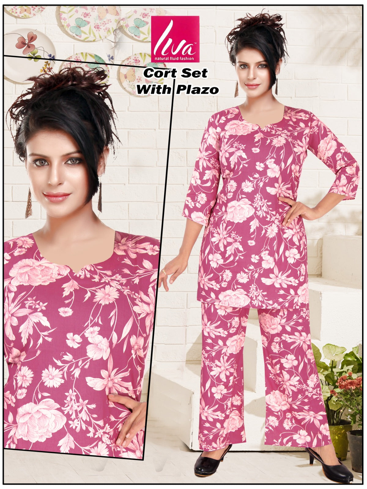 Reyon Print Co-ord Set with Hand Mirror Work