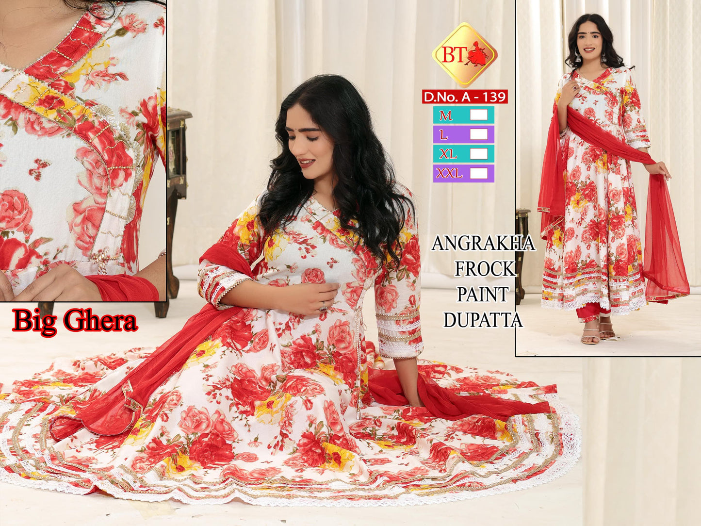 Angrakha Foil Floral Frock Set – 3pc Heavy Rayon Ghera Combo