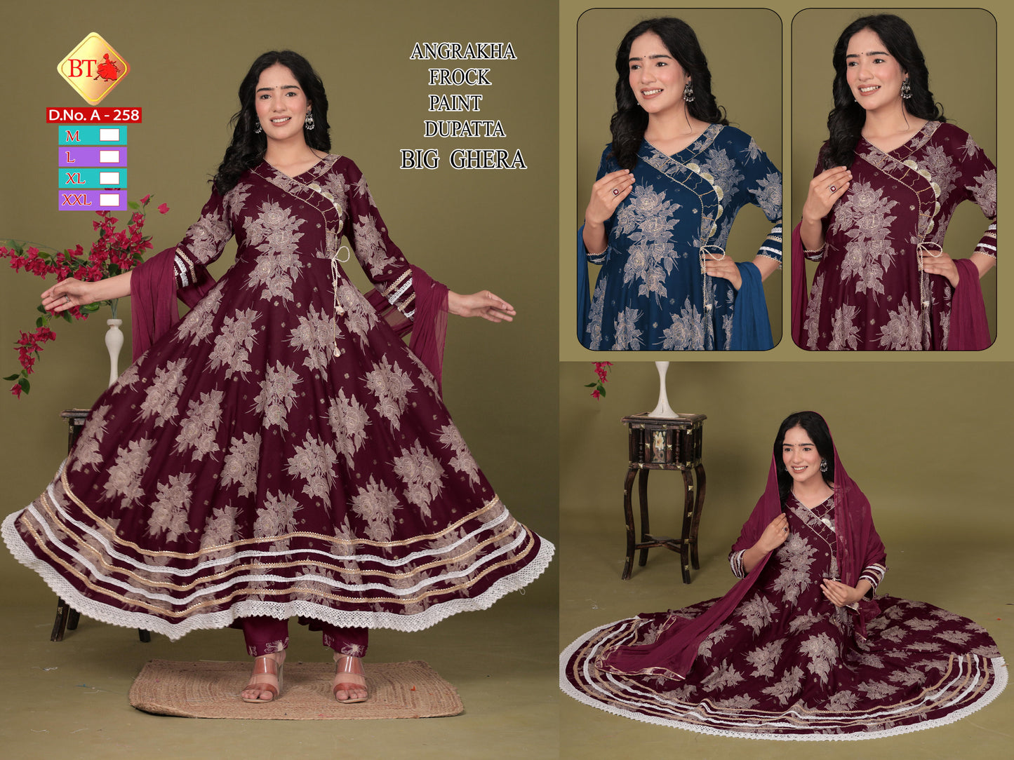 Angrakha Foil Floral Frock Set – 3pc Heavy Rayon Ghera Combo