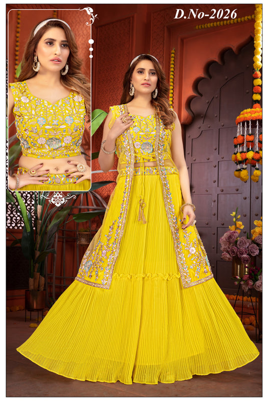 Yellow forest: Georgette Handwork Long Shrug Blouse Skirt Set