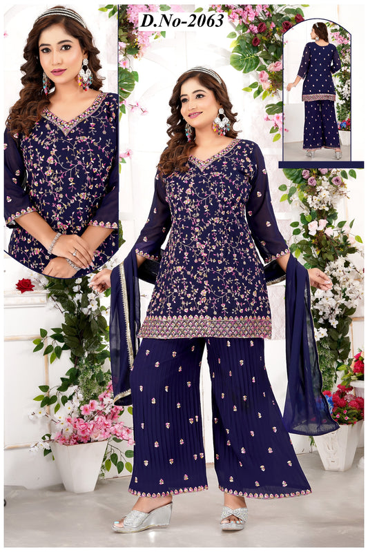 Floral Embroidery Short Kurti with Flared Plazo and Plain Dupatta.