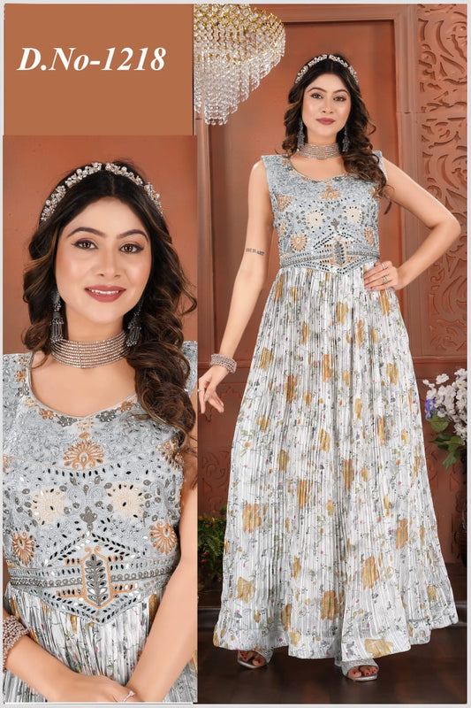 White Alia Floral Floor Touch gown Georgette with mirror handwork
