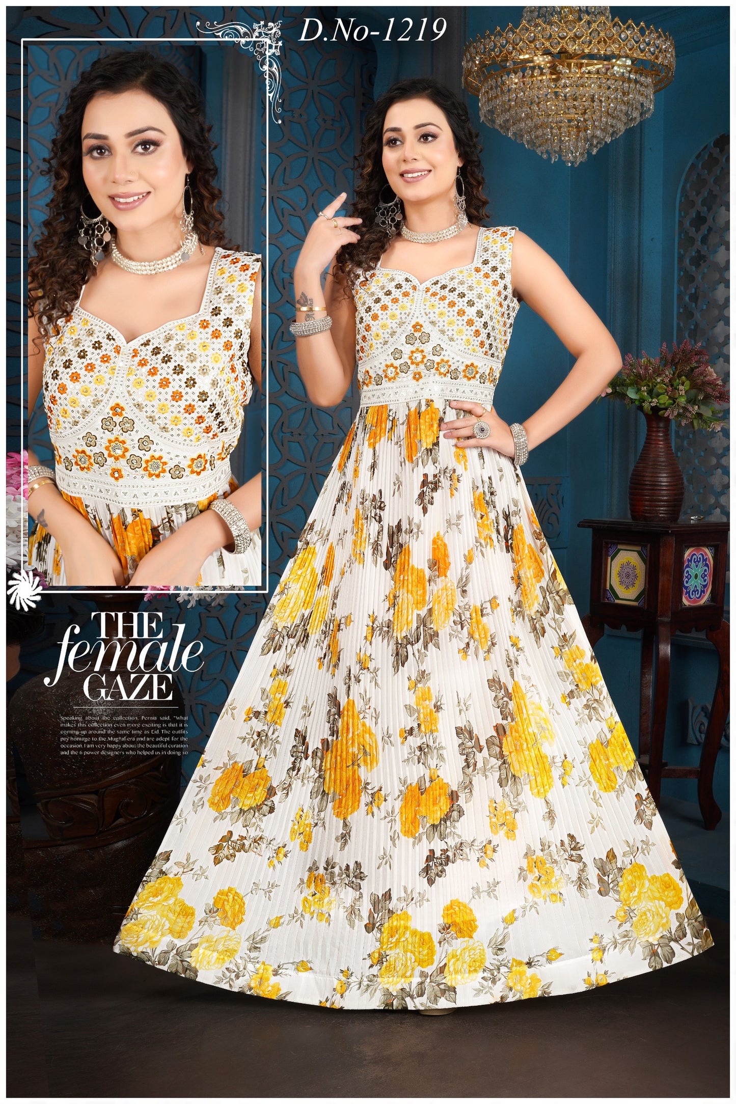 Fancy Daffodil Floral Floor Touch gown Georgette with handwork