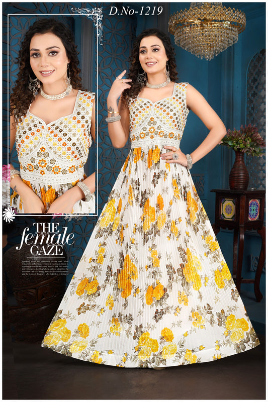 Fancy Daffodil Floral Floor Touch gown Georgette with handwork