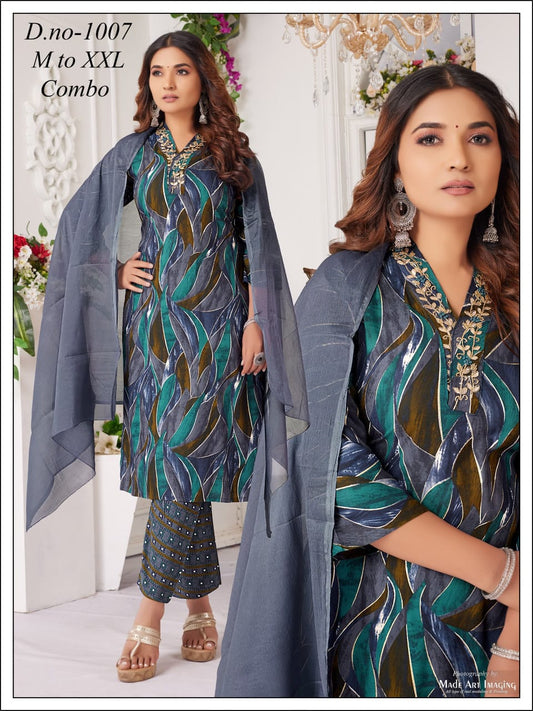 Premium V-neck Leaf work Rayon 3pc